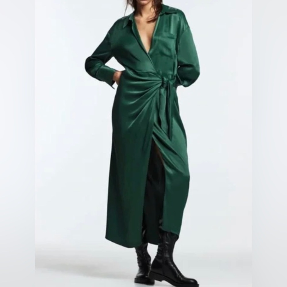 NWT Zara green satin long sleeve midi wrap dress xs